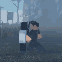 a video game character named alosven is kneeling down in the grass