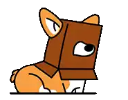 a cartoon dog with a brown box on its head .