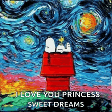 a painting of snoopy and woodstock with the words " i love you princess sweet dreams " below them