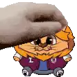 a hand is petting a cartoon lion wearing a purple jacket .
