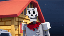 a skeleton with a red scarf around his neck is standing in front of a building