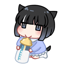 a cartoon of a girl drinking from a bottle with a yellow cap