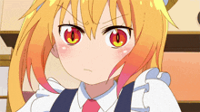 a close up of a girl with red eyes