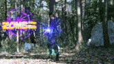 a person standing in the woods with a purple circle with the word zone on it