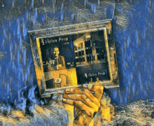 a person is holding a framed picture of a man with the word cast on it