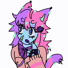 a cartoon drawing of a girl with pink hair and a purple tail