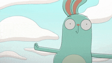 a cartoon of a rabbit with its arms outstretched in front of a cloudy sky