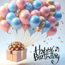 a bunch of balloons are coming out of a gift box with the words happy birthday written on it