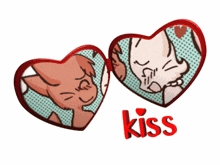 a couple of hearts with the word kiss underneath them