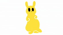 a yellow rabbit with black eyes is standing on one leg on a white background