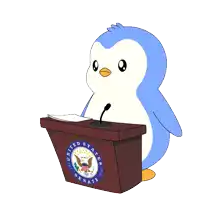 a cartoon of a penguin behind a podium with the united states senate logo on it