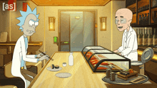 a cartoon of rick and morty sitting at a bar