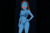 a cartoon of a blue woman in a bikini standing on a beach .