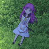 a girl with purple hair and a white dress is laying in the grass