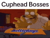 a cartoon of homer simpson holding a candy bar that says butterfinger