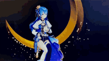 a girl with blue hair and a crown is sitting on a crescent moon