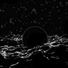 a black and white drawing of a circle in the middle of the ocean