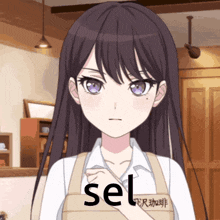 a girl with purple hair is wearing an apron that says sel on it