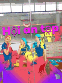 a group of people are standing in front of a sign that says hoian tap