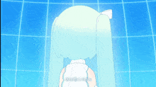a cartoon drawing of a girl with blue hair and a white bow