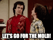 two men are standing next to each other and one of them says let 's go for the mold !