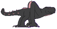 a cartoon drawing of a black dinosaur with pink spots on its tail