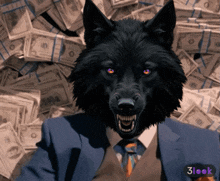a wolf in a suit and tie is surrounded by money