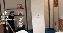 a tik tok video of a living room with a statue of a dog on a shelf .