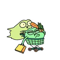 a cartoon of a frog pushing another frog in a shopping cart with the words " alişverişteyiz " above them