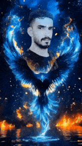 a man with a beard is standing in front of a phoenix with blue and orange wings .