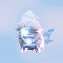 a cartoon character with white hair and blue wings is flying in the air