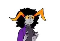 a cartoon drawing of a troll with a purple shirt and orange horns