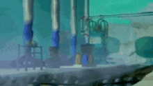 a cartoon of a blue building with stairs going up to the top .