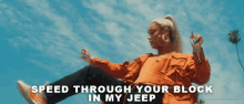 a woman sits on the ground with the words speed through your block in my jeep