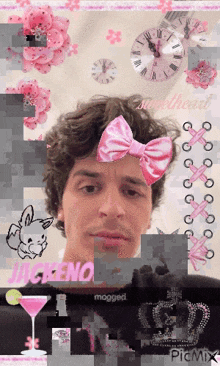 a man with a pink bow on his head is surrounded by pink flowers and a clock with roman numerals