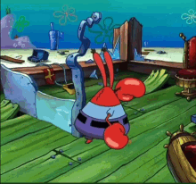 a cartoon character from spongebob squarepants is standing on a wooden deck