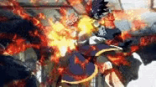 a cartoon character is surrounded by flames and smoke .