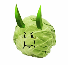 a cabbage with a face drawn on it has horns on it
