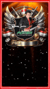 a man is playing a guitar in front of a shield that says fors