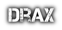 the word drax is written in white on a black background