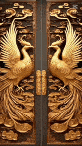 a door with a statue of two gold birds on it
