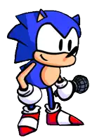 a cartoon sonic the hedgehog is holding a microphone and smiling .
