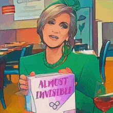 a woman is holding a box that says almost invisible on it