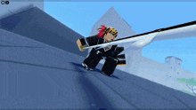a video game character with red hair and a bandana is holding a large white sword