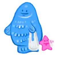 a blue monster is holding a white bag and a pink starfish