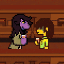 a pixel art of a cartoon character holding another character 's hand .