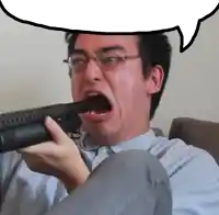 a man with glasses is holding a gun with a speech bubble above his head