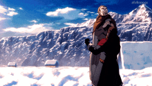 a cartoon of a man holding another man in a snowy field with a mountain in the background