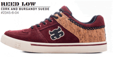 a pair of red reed low sneakers with cork and burgundy suede