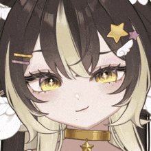 a close up of a girl 's face with a yellow star on her head